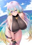  1girl aqua_eyes bare_shoulders black_gloves blue_hair blush breasts closed_mouth commentary_request cupitan_(granblue_fantasy) cupitan_(summer)_(granblue_fantasy) gloves gradient_hair granblue_fantasy green_hair hair_ornament highres huge_breasts kawase_seiki leaning_forward long_hair looking_at_viewer multicolored_hair ocean outdoors revision sideboob smile solo thigh_strap thighs twintails wet 