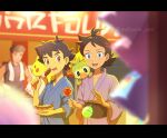  3boys :d alternate_costume ash_ketchum blue_eyes blurry blurry_background brown_eyes candy_apple commentary_request depth_of_field eating eyelashes food food_on_face goh_(pokemon) grookey highres holding japanese_clothes kimono male_focus matsuno_opa multiple_boys open_mouth outdoors partial_commentary pikachu pokemon pokemon_(anime) pokemon_(creature) pokemon_journeys sash smile teeth tongue upper_teeth_only watermark yukata 