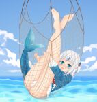  1girl absurdres ass barefoot blue_hoodie blue_sky blush cargo_net cloud entangled feet fins fish_tail fishing_net gawr_gura hair_ornament highres hololive hood hoodie horizon in_net legs legs_up multicolored_hair net no_shoes ocean outdoors panties shark_girl shark_hair_ornament shark_tail sharp_teeth sky soles streaked_hair tail teeth thighs toes tumy underwear virtual_youtuber water waves 
