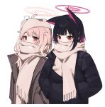  2girls absurdres animal_ears black_hair black_jacket blue_archive brown_coat brown_scarf cat_ears coat colored_inner_hair fringe_trim halo hands_in_pockets highres jacket kazusa_(blue_archive) long_sleeves momocadraw multicolored_hair multiple_girls natsu_(blue_archive) pink_hair pink_halo red_eyes scarf short_hair side_ponytail simple_background upper_body white_background 