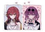  ... 2girls anger_vein black_jacket brown_eyes closed_mouth commentary_request dress eyewear_on_head hair_between_eyes hands_up heart heart_hands himeko_(honkai:_star_rail) honkai:_star_rail honkai_(series) jacket jacket_on_shoulders kafka_(honkai:_star_rail) long_hair multiple_girls purple_eyes purple_hair red_hair round_eyewear saifu_(saihu715) shirt smile spoken_ellipsis sunglasses white_dress white_shirt 