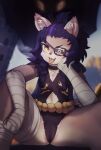  1girl :3 absurdres animal_ear_fluff animal_ears animal_nose arm_wrap artist_name bandaged_leg bandages black_leotard blurry blurry_background body_fur braid breasts brown_fur cameltoe cape cat_ears cat_girl clothing_cutout commentary commission earrings english_commentary eyepatch fangs forehead furry furry_female hair_ornament hair_stick hair_tie hand_on_own_cheek hand_on_own_face happy head_rest highres jewelry leotard long_hair looking_at_viewer multicolored_hair navel navel_cutout omeki one_eye_covered open_mouth original partially_visible_vulva purple_hair sharp_teeth sidelocks signature sitting small_breasts smile solo spread_legs streaked_hair teeth thick_thighs thighs tongue tongue_out twin_braids two-tone_fur two-tone_hair v-shaped_eyebrows white_fur yellow_eyes 