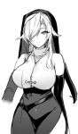  1girl bare_shoulders breasts covered_collarbone cross cross_necklace elbow_gloves gloves greyscale habit hair_over_one_eye high-waist_skirt jewelry large_breasts long_hair monochrome necklace nun original puuzaki_puuna side_slit sketch skirt solo thick_eyelashes 