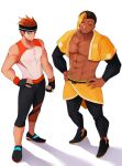  2boys abdonis blue_eyes commentary_request dark-skinned_male dark_skin highres male_focus multiple_boys muscular muscular_male red_hair ring_fit_adventure ring_fit_trainee ring_fit_trainee_(male) shirt sleeveless sleeveless_shirt to_ame_ha_yaiba yaoi yellow_eyes 