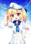  1girl absurdres anchor_symbol blonde_hair blue_neckerchief blue_ribbon blue_sailor_collar blue_sky blush_stickers bubble chisen_maimai commentary denim denim_shorts hand_on_own_head hand_on_own_hip hat hat_ribbon heart highres kitashirakawa_chiyuri midriff neckerchief open_mouth puffy_short_sleeves puffy_sleeves ribbon sailor sailor_collar sailor_hat salute shirt short_sleeves shorts sky smile touhou touhou_(pc-98) twintails two_side_up white_headwear white_shirt white_shorts 