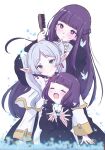  3girls black_robe character_request fern_(sousou_no_frieren) frieren giorgio_(yo_sumire_sola1) gold_trim green_eyes highres holding holding_brush long_hair looking_at_another multiple_girls pointy_ears purple_eyes purple_hair robe short_hair sousou_no_frieren twintails white_hair white_robe 