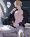  1boy abs alternate_costume biting black_sleeves blonde_hair blue_eyes blush clothed_masturbation english_text gepard_landau hair_between_eyes highres holding holding_phone honkai:_star_rail honkai_(series) indoors lip_biting male_focus male_masturbation masturbation navel nipples on_bed open_clothes pants parted_lips patreon_username pectorals penis phone precum short_hair sitting solo speech_bubble spread_legs sweatdrop upper_body white_pants yaoi yukaero4 