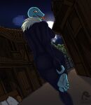  5_toes alley anthro blush body_blush breasts clothing feet female foot_blush haa hi_res humanoid_feet kiihra_(zp92) looking_at_viewer looking_back night plantigrade rear_view reptile scalie skinsuit snake solo stirrup_footwear tight_clothing toes tongue tongue_out zp92 
