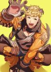  1boy animal_ears black_tank_top blonde_hair cropped_jacket fangs feb_itk fur_collar granblue_fantasy highres jacket large_pectorals male_focus muscular muscular_male official_alternate_costume open_clothes open_jacket open_mouth orange_jacket paw_pose pectoral_cleavage pectorals shirt short_hair solo tail tank_top torn_clothes torn_shirt vane_(granblue_fantasy) vane_(halloween)_(granblue_fantasy) white_shirt wolf_boy wolf_ears wolf_paws wolf_tail 