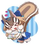  1girl animal_ears blue_background box brown_hair chipmunk_ears chipmunk_girl chipmunk_tail extra_ears gloves heart highres kemono_friends kemono_friends_3 kemono_friends_v_project kneehighs mugise_hitsuji ribbon shirt short_hair shorts siberian_chipmunk_(kemono_friends) simple_background socks solo tail virtual_youtuber 