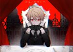  1boy ascot black_ascot black_gloves black_jacket blonde_hair chair collared_shirt fence fixer_(vocaloid) fork gloves jacket long_sleeves otorrio plate project_sekai red_eyes shirt sitting solo song_name table tenma_tsukasa white_shirt 