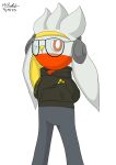  2023 absurd_res anthro band_hoodie black_body black_clothing black_fur black_hoodie black_topwear clothing dated eyewear fur generation_8_pokemon glasses grey_body grey_fur hands_behind_back headphones hi_res hoodie lagomorph leporid male mammal mr._raboot_the_raboot_(mrraboot) mrraboot nintendo one_eye_closed pokemon pokemon_(species) rabbit raboot red_eyes shaded signature simple_background simple_shading solo topwear wink 