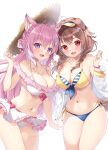  2girls :d animal_ears bikini bikini_skirt blue_bikini blush bone_hair_ornament braid breasts brown_hair cat_ears cleavage collarbone crossed_bangs dog_ears fangs french_braid hair_between_eyes hair_ornament hakui_koyori hexagon_hair_ornament highres hololive inugami_korone large_breasts layered_bikini long_hair mikeou mismatched_bikini multiple_girls nail_polish navel open_mouth pink_hair purple_eyes red_eyes side-tie_bikini_bottom simple_background smile standing striped striped_bikini swimsuit twin_braids twitter_username white_background white_bikini yellow_bikini 