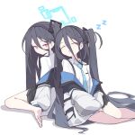  &lt;key&gt;_(blue_archive) 2girls absurdres aqua_necktie aris_(blue_archive) barefoot black_hair blue_archive closed_eyes closed_mouth commentary_request drooling hair_between_eyes highres jacket long_hair long_sleeves mmhomm multiple_girls necktie pink_eyes side_ponytail simple_background sleeping smile thighs toes very_long_hair white_background white_jacket zzz 