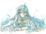  1girl aqua_hair azura_(fire_emblem) bare_shoulders fire_emblem fire_emblem_fates hair_between_eyes long_hair looking_at_viewer lying mena_(suzunoki) on_floor on_stomach open_mouth solo very_long_hair water_drop yellow_eyes 