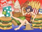  1girl alternate_costume autumn_leaves barefoot blue_background breasts brown_headwear brown_shorts burger cheese commentary_request contemporary cup disposable_cup drinking_straw eating fast_food flag food food_on_face french_fries fried_chicken fruit full_body gradient_background hair_between_eyes hair_ornament hat highres holding holding_food hot_dog kuri_dora leaf_hair_ornament lettuce long_bangs looking_at_food medium_breasts open_mouth parfait purple_hair pyonta red_background red_eyes red_tank_top rope short_hair shorts sitting soles solo strawberry strawberry_slice tank_top teeth toenails touhou wafer whipped_cream yasaka_kanako 