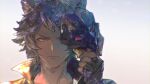  1boy animal_ears bandaged_hand bandages black_jacket closed_mouth erune granblue_fantasy grey_hair highres holding holding_mask jacket looking_at_viewer male_focus mask minaba_hideo official_art seox_(granblue_fantasy) short_hair solo 