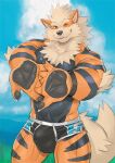 2023 5_fingers anthro arcanine black_body black_fur bulge clothing detailed_bulge fingers fur generation_1_pokemon hi_res looking_at_viewer male muscular muscular_anthro muscular_male nintendo one_eye_closed orange_body orange_fur pokemon pokemon_(species) rossciaco sky smile solo striped_body striped_fur stripes swimwear 