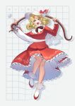  1girl absurdres blonde_hair bow curly_hair dress elly_(touhou) frilled_dress frills grid grid_background guumin hair_between_eyes hat highres holding lotus_land_story open_mouth red_dress red_footwear ribbon scythe short_hair touhou touhou_(pc-98) warped yellow_eyes 