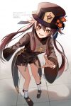  1girl black_nails blush brown_coat brown_hair brown_headwear coat flower flower-shaped_pupils genshin_impact hair_between_eyes hat highres hu_tao_(genshin_impact) long_hair miyanami_3 open_mouth plum_blossoms red_eyes short_shorts shorts smile solo symbol-shaped_pupils white_background 