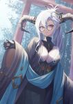  1girl absurdres black-framed_eyewear black_gloves black_horns black_kimono blue_sash breasts cleavage dark-skinned_female dark_skin dragon_horns draph fang fang_out fediel_(granblue_fantasy) fediel_(soul_soother&#039;s_finery)_(granblue_fantasy) glasses gloves granblue_fantasy grey_hair grey_kimono hair_between_eyes hair_ornament hair_stick head_tilt highres horns japanese_clothes kimono large_breasts long_hair looking_at_viewer niccoriii official_alternate_costume pointy_ears ponytail purple_eyes round_eyewear sash smile solo tall_female torii very_long_hair 