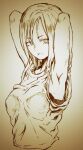  1girl armpits arms_up bra bra_peek breasts closed_mouth greyscale kotoyama long_hair looking_at_viewer monochrome simple_background solo underwear white_background 