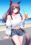  1girl absurdres alternate_hairstyle animal_ears bare_shoulders breasts brown_hair casual cleavage cup denim denim_shorts disposable_cup grey_eyes gyaru hair_down highres holding holding_cup horse_ears horse_girl large_breasts long_hair looking_at_viewer shirt shorts smile solo tosen_jordan_(umamusume) umamusume white_shirt yasaka_(rwrk4222) 