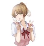 1girl blonde_hair collarbone collared_shirt cropped_torso double_v high_ponytail highres isshiki_iroha light_(lightpicture33) looking_at_viewer neck_ribbon one_eye_closed pink_sweater_vest red_ribbon ribbon school_uniform shirt short_hair short_sleeves sobu_high_school_uniform solo sweater_vest tongue tongue_out upper_body v white_shirt yahari_ore_no_seishun_lovecome_wa_machigatteiru. yellow_eyes 