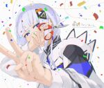  1girl aqua_pupils blue_eyes blunt_bangs blurry blurry_foreground cevio commentary_request confetti covered_mouth covering_mouth diamond_hair_ornament foreshortening grey_hair hair_over_shoulder half-closed_eyes hand_over_own_mouth hands_up head_tilt highres holding holding_scissors hood hood_down jacket kafu_(cevio) kamitsubaki_studio kosai_atari long_hair long_sleeves looking_at_viewer low_twintails multicolored_clothes multicolored_eyes multicolored_jacket nekoze_to_fanfare_(cevio) purple_eyes scissors simple_background solo song_name tearing_up turtleneck twintails upper_body v white_background white_jacket 