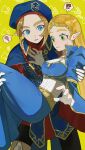  !? 1boy 1girl ? beret blonde_hair blue_dress blue_eyes blue_headwear boots breasts bridal_gauntlets cape closed_mouth dot_nose dress gloves green_eyes hand_on_another&#039;s_chest hat highres link looking_at_another medium_breasts open_mouth outstretched_hand pointy_ears princess_zelda royal_guard_set_(zelda) simple_background teeth the_legend_of_zelda the_legend_of_zelda:_breath_of_the_wild thick_eyebrows triforce triforce_print white_gloves ximi0910 yellow_background 