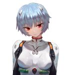  1girl ayanami_rei blue_hair bodysuit breasts closed_mouth hair_ornament highres medium_breasts neon_genesis_evangelion plugsuit red_eyes short_hair solo tesin_(7aehyun) upper_body white_bodysuit 