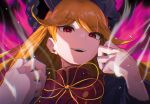  1girl artist_logo aura black_dress black_headwear blast-7 commentary_request dress hands_up highres junko_(touhou) long_hair looking_at_viewer open_mouth orange_hair phoenix_crown red_eyes red_tabard smile solo tabard touhou upper_body 