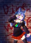  1girl animal_ears blue_hair camisole choker dire_wolf_(kemono_friends) extra_ears grey_eyes kemono_friends kemono_friends_v_project kneehighs long_hair looking_at_viewer nekomimi_illust ribbon simple_background skirt socks solo sweater tail twintails virtual_youtuber wolf_ears wolf_girl wolf_tail 