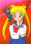  blonde_hair blue_eyes domestic_cat duo ear_piercing ear_ring felid feline felis female hair hi_res human luna_(sailor_moon) mammal official_art piercing red_background ring_piercing sailor_moon_(series) simple_background smile usagi_tsukino 