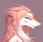  2015 akrolayn ambiguous_gender anthro blue_eyes bust_portrait cheek_tuft chest_tuft countershading digital_media_(artwork) digital_painting_(artwork) eyelashes facial_tuft fur geodis hair long_hair narrowed_eyes neck_tuft pink_body pink_ears pink_fur pink_hair portrait purple_background sergal side_view simple_background smile solo tuft unavailable_at_source white_body white_countershading 