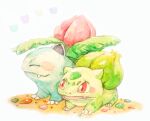  blush bulbasaur claws closed_eyes closed_mouth creature fang highres ivysaur momo_(hrmgr) no_humans nostrils open_mouth pokemon pokemon_(creature) red_eyes rock traditional_media white_background 