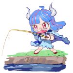  1girl ahoge blue_cape blue_hair blue_skirt cape chibi covered_mouth curled_horns dinosaur_girl fishing fishing_rod holding holding_fishing_rod horns long_hair mask mouth_mask multicolored_hair one_piece pink_eyes pink_hair pink_mask raine_(acke2445) red_footwear shirt skirt solo streaked_hair ulti_(one_piece) white_shirt 