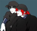  2boys arm_around_shoulder baseball_cap black_hair black_headwear black_shirt blue_background commentary_request ear_piercing earrings eoduun_badaui_deungbul-i_doeeo hair_between_eyes hat heterochromia jewelry kim_jaehee korean_commentary long_hair looking_at_another male_focus multiple_boys neck_tattoo open_mouth padakpadak_88 park_moo-hyun piercing ponytail red_hair shirt short_hair simple_background smile snake_tattoo tattoo upper_body 