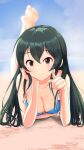  1girl bare_shoulders barefoot beach bikini black_hair blue_bikini blue_sky blurry blurry_background blush breasts brown_eyes cleavage closed_mouth cloud collarbone day dot_nose full_body hands_up head_rest highres idolmaster idolmaster_cinderella_girls idolmaster_cinderella_girls_starlight_stage legs_up long_hair looking_at_viewer lying medium_breasts nagmilk ocean ohishi_izumi on_stomach outdoors pointing pointing_at_viewer sky smile soles solo swimsuit toes 