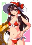  1girl bikini bow breasts brown_hair cleavage commentary_request cowboy_shot groin hair_tubes hakurei_reimu hand_on_own_hip hat hat_bow highres innertube long_hair looking_at_viewer navel nioti open_mouth outline pink_eyes red_bikini red_bow sidelocks solo standing swimsuit touhou white_headwear white_outline 