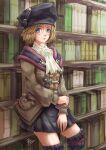  1girl 2017 against_bookshelf artist_name ascot black_headwear black_socks blonde_hair blue_eyes book bookshelf brown_jacket closed_mouth erlene_(ff11) final_fantasy final_fantasy_xi hand_on_own_arm hat jacket kneehighs long_sleeves miniskirt morere mortarboard open_clothes open_jacket pleated_skirt pocket puffy_long_sleeves puffy_sleeves ribbed_socks scholar_(final_fantasy) short_hair signature skirt smile socks solo tassel white_ascot 