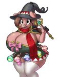  2023 anthro big_breasts black_eyes breasts brown_hair chochi cleavage clothed clothing cork domestic_pig dress female fully_clothed hair hat headgear headwear huge_breasts legwear magic_wand mammal peggy_makinen pink_body potion potion_bottle scarf solo stockings suid suina sus_(pig) witch_hat 
