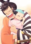 2boys black_hair blush child closed_eyes closed_mouth commentary_request dual_wielding facial_hair goatee hasami_(hasami25) high_ponytail highres holding hug japanese_clothes katana kinemon long_sideburns male_focus momonosuke_(one_piece) multiple_boys one_piece open_mouth ponytail short_hair sideburns smile sword teeth topknot traditional_clothes weapon 