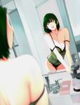  1girl absurdres bathroom breasts cleavage fubuki_(one-punch_man) green_eyes green_hair highres lingerie lips looking_at_mirror mirror reflection short_hair smile solo underwear 
