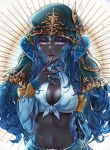  1girl absurdres akira-tama astrologian_(final_fantasy) au_ra black_skin blue_eyes blue_hair blue_nails breasts cleavage closed_mouth colored_skin eyelashes final_fantasy final_fantasy_xiv fingernails front-tie_top half-closed_eyes hand_to_own_mouth hand_up head_scarf highres horns jewelry light_smile lips long_hair looking_at_viewer medium_breasts midriff nail_polish navel ring scales solo thighhighs upper_body very_long_hair warrior_of_light_(ff14) watermark 