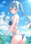  1girl absurdres ahoge ass bikini blue_bikini blue_hair blue_sky blurry blush breasts cilu_shinomori cloud cloudy_sky commentary day depth_of_field frilled_bikini frills from_behind highres hololive innertube long_hair looking_at_viewer looking_back ocean outdoors pointy_ears sky small_breasts solo standing sunlight swimsuit twintails virtual_youtuber yellow_eyes yukihana_lamy 