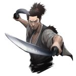  1boy black_hair commentary_request dual_wielding facial_hair fighting_stance goatee grey_eyes grey_kimono highres holding holding_sword holding_weapon japanese_clothes kasei_yukimitsu kataginu katana kimono kiryu_kazuma long_hair looking_at_viewer male_focus miyamoto_musashi_(kenzan) ryuu_ga_gotoku_(series) ryuu_ga_gotoku_kenzan serious simple_background sword topknot upper_body weapon white_background 