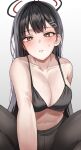  1girl bare_arms bare_shoulders black_bra black_hair black_pantyhose blue_archive bra breasts gradient_background grey_background halo highres large_breasts nyong_sang pantyhose red_eyes rio_(blue_archive) simple_background solo underwear 