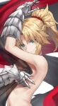  1girl bare_shoulders blonde_hair braid breasts fate/apocrypha fate_(series) french_braid gauntlets green_eyes highres long_hair looking_at_viewer mordred_(fate) mordred_(fate/apocrypha) parted_bangs ponytail sidelocks small_breasts smile solo tonee 