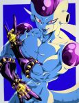  1boy \m/ alien black_lips black_nails blue_background border bure_(fantasticyouth7) diamond_wa_kudakenai double_\m/ dragon_ball evil_smile frieza gloves highres jojo_no_kimyou_na_bouken killer_queen looking_at_viewer muscular muscular_male outside_border parted_lips pectorals purple_gloves red_eyes smile solo spiked_gloves tail upper_body white_border 